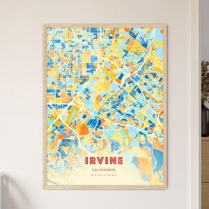 Mapa artístico de colores costeros de Irvine, California, mapa de la ciudad de Irvine, EE. UU. - Póster personalizable, impresión o descarga digital