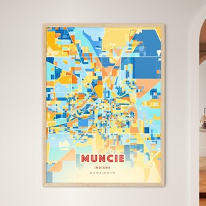 Carte artistique couleurs côtières de l'Indiana, Muncie Usa, affiche créative bicolore de ville natale de Muncie, également en téléchargement numérique