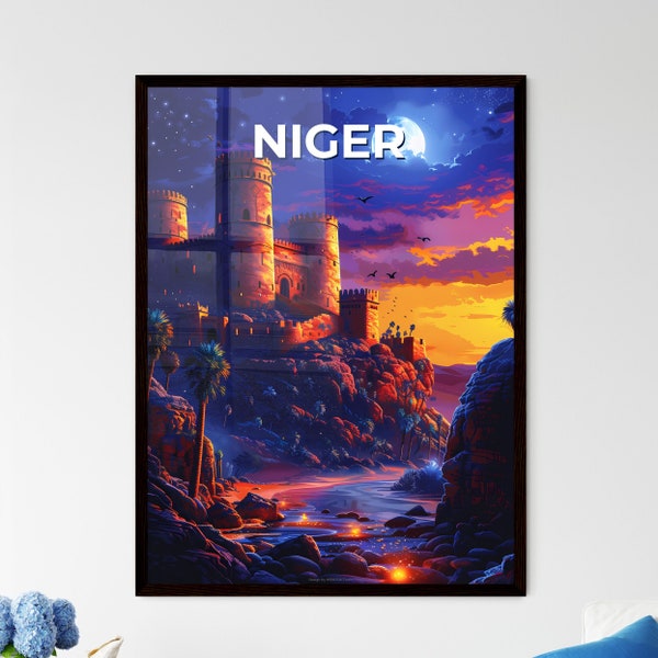 African Art Castle River Moon Hill Painting Vibrant Colorful Artwork – Travel Destinations | AI Art High-Res Print