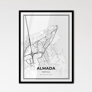 Almada, Portugal - Mapa de la ciudad de estilo escandinavo para una decoración moderna del hogar - Póster en blanco y negro