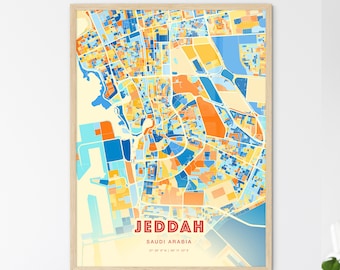 Colorful JEDDAH SAUDI ARABIA Blue Orange Fine Art Print, Jeddah Saudi Arabia City Map, a perfect gift.