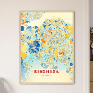 Mapa artístico de colores de la costa de Kinshasa, República Democrática del Congo, mapa de la ciudad de Kinshasa: póster personalizable, impresión o descarga digital