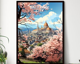 Salt Lake City, Utah, A Poster of a city with a dome and a building with a dome on top. Customisable travel art print, a memorable gift.