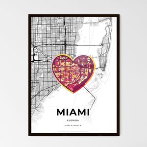 Mappa artistica minimalista di Miami, Florida con icona colorata - Scegli uno dei tre stili - Stampa poster personalizzabile, regalo personalizzato