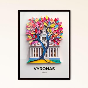 Vivid Vyronas, Grecia - una stampa ritagliata su carta di un edificio con un albero - Stampa Fine Art, personalizzabile