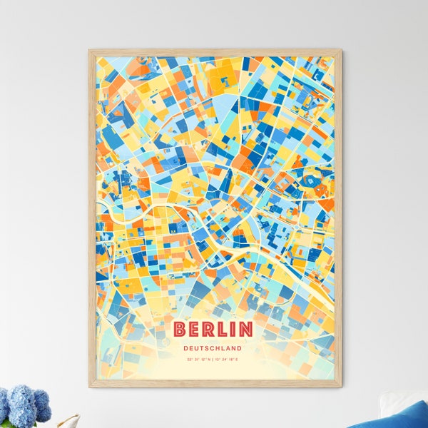 Colorful BERLIN GERMANY Blue Orange Fine Art Print, Berlin Deutschland City Map, a perfect gift.