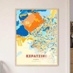Carte artistique de Keratsini Grèce couleurs côtières Κερατσινι Ελλαδα plan de la ville - affiche personnalisable ou téléchargement numérique