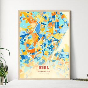 Carte artistique de couleurs côtières de Kiel Allemagne, carte de la ville de Kiel, Allemagne - affiche personnalisable ou téléchargement numérique