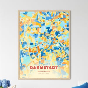 Carte artistique de couleurs côtières de Darmstadt en Allemagne, carte de la ville de Darmstadt en Allemagne - affiche personnalisable ou téléchargement numérique