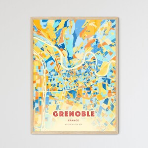 Mapa artístico de la costa de Grenoble, Francia, con colores, mapa de la ciudad de Grenoble (póster personalizable, impresión o descarga digital)