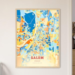 Colorful Salem Oregon Blue Orange Fine Art Print, Salem Usa City Map - Customizable Poster Print, Unique Wall Decor, Personalized Gift