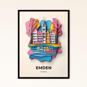 Vivid Emden, Allemagne - Papier découpé représentant une ville avec une rivière - Impression d'art personnalisable