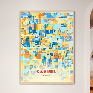 Carte artistique couleurs côtières de l'Indiana Carmel, affiche de ville natale créative bicolore Carmel Usa, également en téléchargement numérique