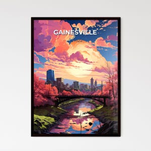Gainesville, Florida, un ponte sopra un fiume con alberi rosa e una città – Collezione Travel Skylines / Personalizzabile