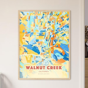 Carte artistique de couleurs côtières de Walnut Creek en Californie, affiche créative bicolore de ville natale de Walnut Creek Usa, également en téléchargement numérique