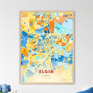 Elgin Illinois Küstenfarben Kunstkarte, Elgin USA zweifarbige kreative Heimatstadt Stadt Poster, gerahmt oder Aluminium-Dibond