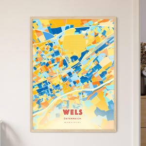Carte artistique de couleurs côtières de Wels Autriche, carte de la ville de Wels Österreich - impression poster personnalisable ou téléchargement numérique