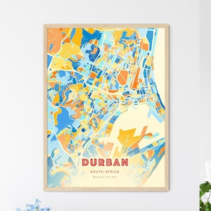 Mapa artístico de colores de la costa de Durban, Sudáfrica. Mapa de la ciudad de Durban, Sudáfrica: póster personalizable, impresión o descarga digital.