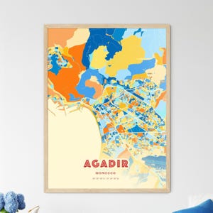 Carte artistique couleurs côtières d'Agadir Maroc, carte de la ville d'Agadir Maroc - impression poster personnalisable ou téléchargement numérique