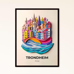 Lebendiges Trondheim, Norwegen - Scherenschnitt einer Stadt mit regenbogenfarbenem Fluss – Fine Art Print, individualisierbar