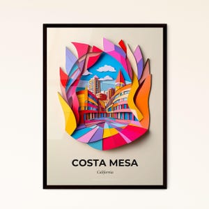 Vivid Costa Mesa, California - un ritaglio di carta colorato di una città con un edificio color arcobaleno - Stampa Fine Art, personalizzabile