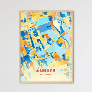 Mapa artístico de colores de la costa de Almaty, Kazajstán. Mapa de la ciudad de Almaty, Kazajstán: póster personalizable, impresión o descarga digital.