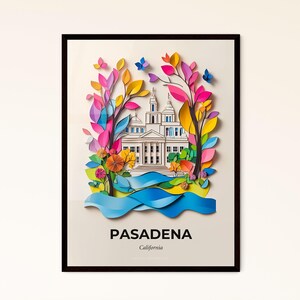 Vivid Pasadena, California - un ritaglio di carta raffigurante un edificio con un fiume e alberi - Stampa Fine Art, personalizzabile