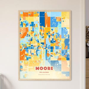 Mapa de arte em cores costeiras de Moore, Oklahoma, mapa da cidade de Moore, Estados Unidos - pôster personalizável, emoldurado ou em alumínio dibond