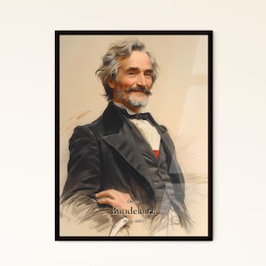 Charles, Baudelaire, 1821-1867, Un cartel de un hombre con bigote y barba vestido con un traje.