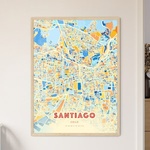 Colorful SANTIAGO CHILE Blue Orange Fine Art Print, Santiago Chile City Map, a perfect gift.