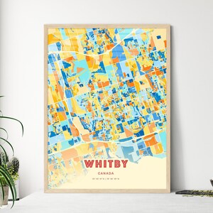 Mapa artístico de colores costeros de Whitby, Canadá. Mapa de la ciudad de Whitby, Canadá. Impresión de póster personalizable, enmarcada o en dibond de aluminio.