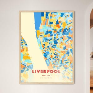 Carte artistique de Liverpool Angleterre couleurs côtières, carte de la ville de Liverpool Angleterre - affiche personnalisable impression ou téléchargement numérique