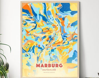 Colorful MARBURG GERMANY Blue Orange Fine Art Print Marburg Deutschland City Map, a perfect gift.