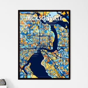 Poster con mappa artistica di Jacksonville, Florida - Decorazioni vivaci e colorate per regali unici / Splendido design d'interni per la casa