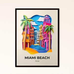 Vivid Miami Beach, Florida - un ritaglio di carta di una città con palme - Stampa Fine Art, personalizzabile