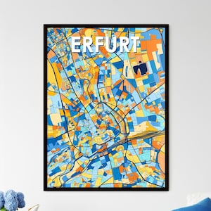 May include: A framed print featuring a colorful abstract map of Erfurt, Germany. The map uses a vibrant palette of blues, oranges, and yellows. The city name "ERFURT" is displayed in large white capital letters at the top.