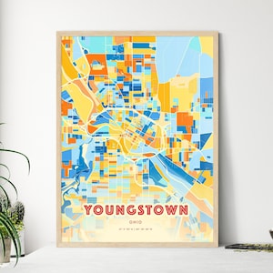 Arte de mapa de Youngstown, impressão colorida de Ohio, mapa da cidade personalizado, pôster com cores vibrantes da costa, decoração de parede personalizada, opção de presente exclusiva