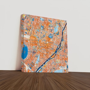 Stampa su tela di Monaco di Baviera, Germania – Mappa colorata della città / Senza cornice o con cornice (legno, nero, oro)
