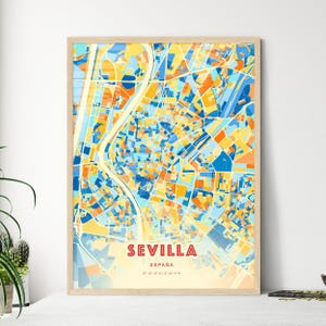 Carte d'art de couleurs côtières de Séville en Espagne, carte de la ville de Séville en Espagne - impression poster personnalisable ou téléchargement numérique