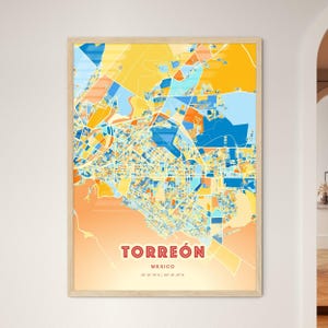 Carte artistique couleurs côtières de Torreón Mexique Carte de la ville de Torreón Mexico - affiche personnalisable ou téléchargement numérique