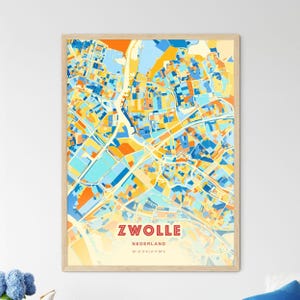 Carte artistique des couleurs côtières de Zwolle aux Pays-Bas, carte de la ville de Zwolle, Pays-Bas, impression poster personnalisable ou téléchargement numérique