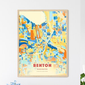 Renton Washington Coastal Colors Art Map, Renton Usa tweekleurige creatieve geboorteplaats stadsposter, ingelijst of aluminiumdibond