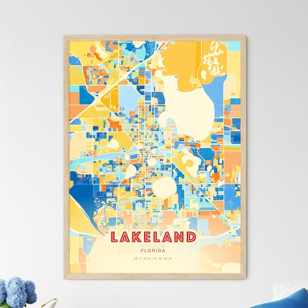 Colorful LAKELAND FLORIDA Blue Orange Fine Art Print, Lakeland Usa Two-toned Creative Hometown City Poster, a perfect gift.