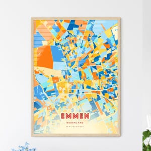 Mapa artístico de colores costeros de Emmen, Países Bajos: mapa de la ciudad de Emmen, Países Bajos: póster personalizable, impresión o descarga digital