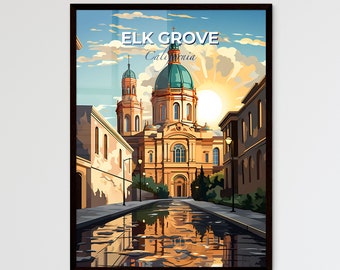 Elk Grove, California, A Poster of a building with a blue dome and green roof. Customisable travel art print, a memorable gift.