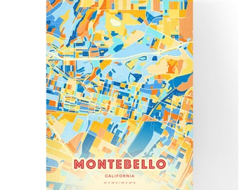 Bunter MONTEBELLO KALIFORNIEN Blau Orange Fine Art Print Montebello USA Stadt Karte, ein perfektes Geschenk.