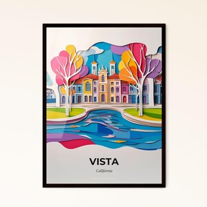 Vivid View, Kalifornien - Scherenschnitt einer Stadt an einem Fluss – Fine Art Print, individualisierbar