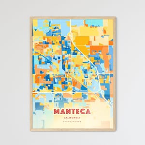 Carte artistique de couleurs côtières de Manteca en Californie, affiche de ville natale créative bicolore de Manteca Usa, également en téléchargement numérique