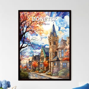 Donetsk, Ucrania, cuadro de una casa con árboles y una calle – Travel Skylines Collection / Personalizable