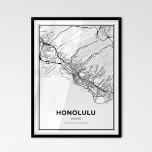 Honolulu Hawaii - Stadtplan im skandinavischen Stil für modernes Wohndekor - schwarz weiß Poster